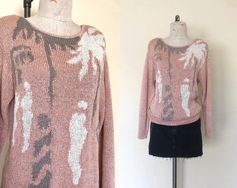 90's Abstract Silk Sweater Vintage Liz Claiborne Pink & Gray Knit with Shoulder Pads - S