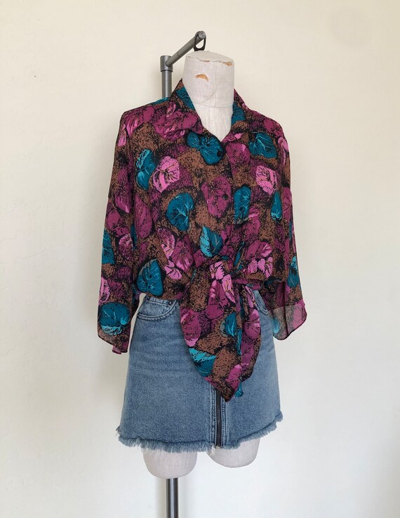 Vintage 1980's blouse BRONZE LEAVES semi-sheer bu… - image 3