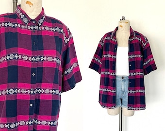 90’s Pink Boxy Plaid Cotton Shirt Vintage Southwestern Diamond Embroidery Short Sleeved Button Up Blouse -  L/XL