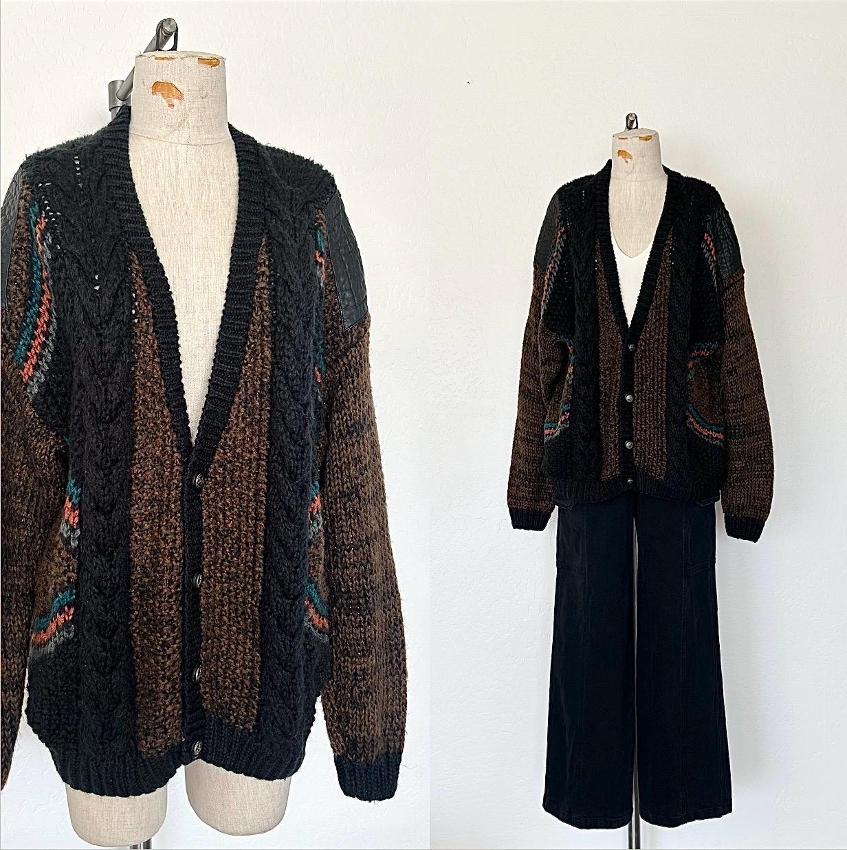90's Chunky Knit Cardigan Vintage Brown & Black Cable Knit With Leather Applique Shoulders - Large