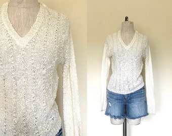 Vintage 1980's sweater CREAM BUBBLE textured Mervyn's v-neck pullover knit -