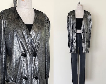 90’s Shiny Silver Blazer Vintage Glam Metallic Print Double Breasted Lightweight Jacket - L