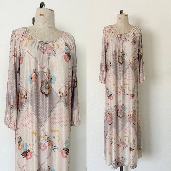 70’s Retro Print Kaftan Dress Vintage 1970’s Pale Pink Floral Geometric Polka Dot Mumu Nightgown - L/XL