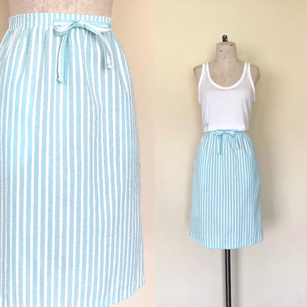 Striped Seersucker Skirt Vintage 80's Turquoise & White Casual Day Skirt - M