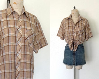 80’s SEARS Brown Plaid Button Up Shirt Vintage Unisex Western Style Top - M/L