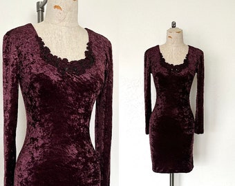 90’s Crushed Velvet Dress Vintage Burgundy Long Sleeved Lace Trimmed Cocktail Party Dress - S