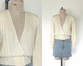 Maglione color crema anni '90 Cardigan frontale avvolgente in maglia a coste acriliche con scollo a V vintage Boho - S