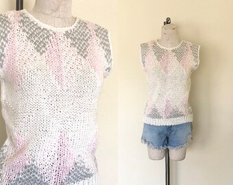 Vintage 1980's sweater vest PINK ARGYLE sleeveless chunky hand knit top - S