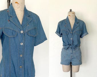 90’s Embroidered Denim Blouse Vintage Cotton Short Sleeved Button Up Shirt - M