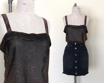 80&#39;s Metallic Tank Vintage Black & Bronze Gold Iridescent Sparkly Glam Sleeveless Top - M/L