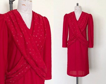 80's Red Cocktail Dress Vintage Glitter Sashes Party Dress