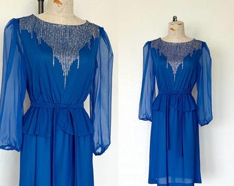 Vestido de cóctel azul estilo años 70, vintage, plateado brillante, transparente, manga larga, estilo retro, hecho en EE. UU. - Talla M/L