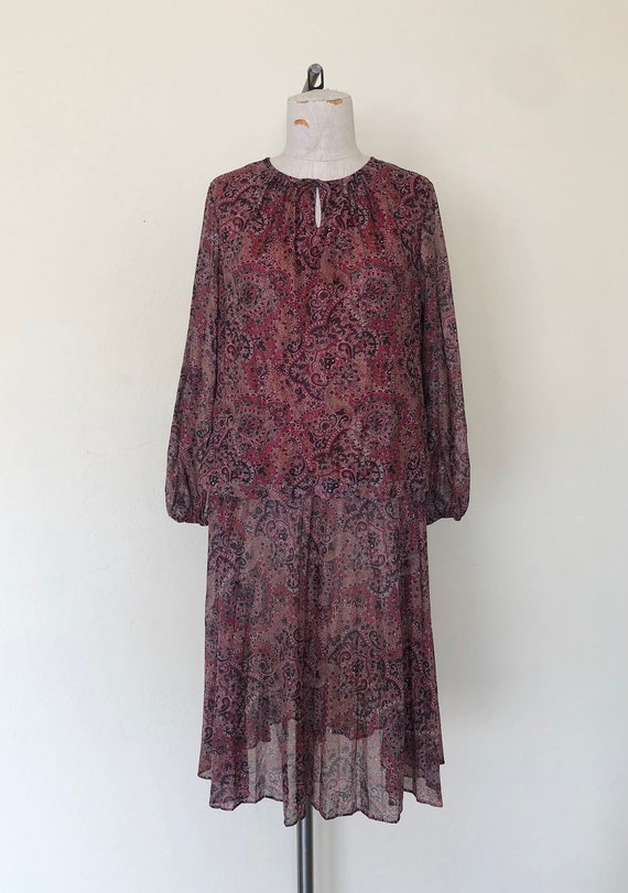 Vintage 1970's dress rust BROWN PAISLEY print sem… - image 7