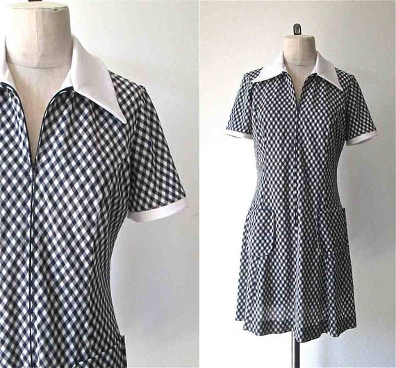 Vintage 1960's mod dress NAVY GINGHAM checkered sh