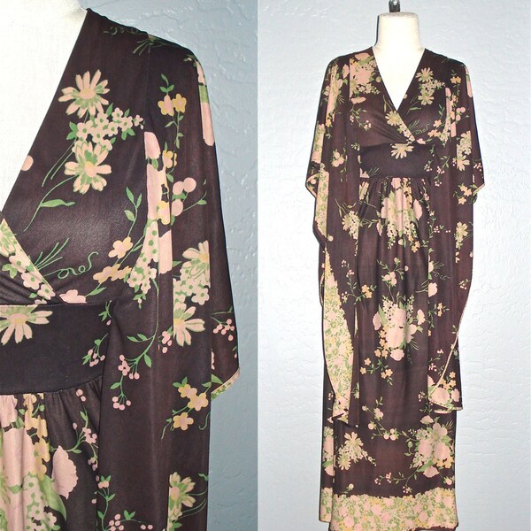 Vintage 70s boho dress CHOCOLATE FLORAL draped sleeves maxi - S