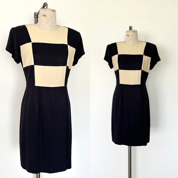 80’s Secretary Dress Vintage 1980’s Dawn Joy Fashions Navy Color Block Short Sleeved Office Dress - M