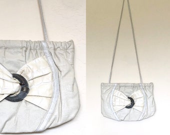 Vintage 1980's purse BEIGE LEATHER buckle front hinged top crossbody shoulder bag or clutch