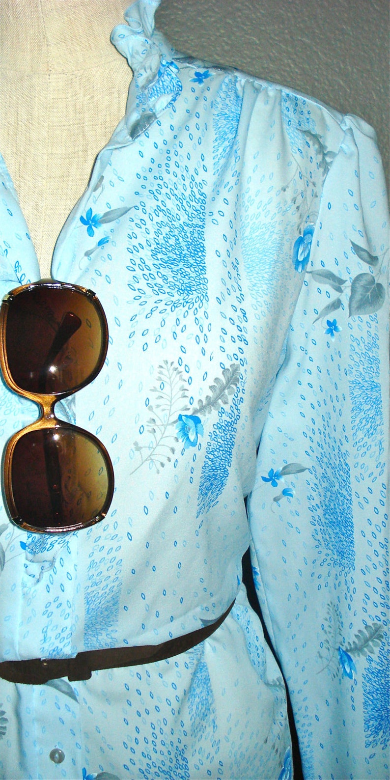 Vintage powder blue RUFFLED FLORAL print long sleeved blouse M SALE