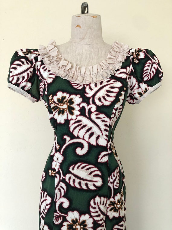 Vintage Hawaiian Dress 80's Dark Green Hibiscus P… - image 3