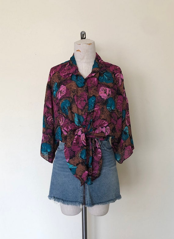 Vintage 1980's blouse BRONZE LEAVES semi-sheer bu… - image 2