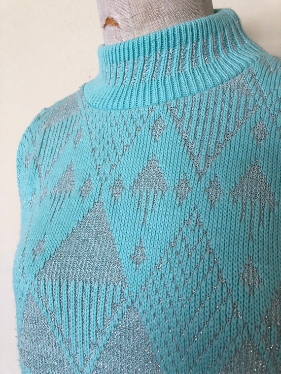 80's Geometric Sweater Vintage Turquoise & Metall… - image 4