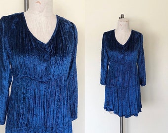 90s Blue Crushed Velvet Mini Dress – Long Sleeve Babydoll, Small