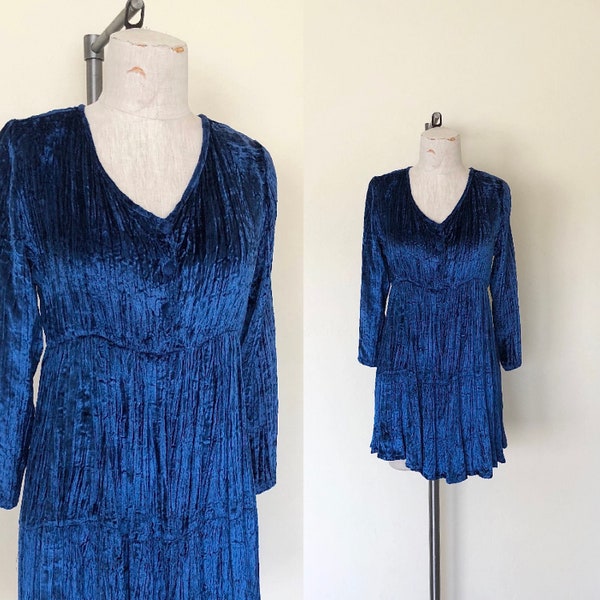 90’s Blue Crushed Velvet Dress Vintage 1990's Contempo Casuals Long Sleeved Baby Doll Mini - S