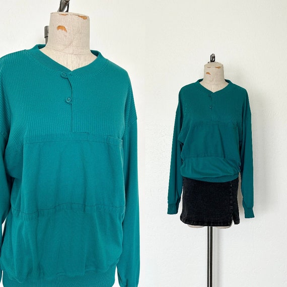 90's Members Only Henley Shirt Teal Green Long Sl… - image 1