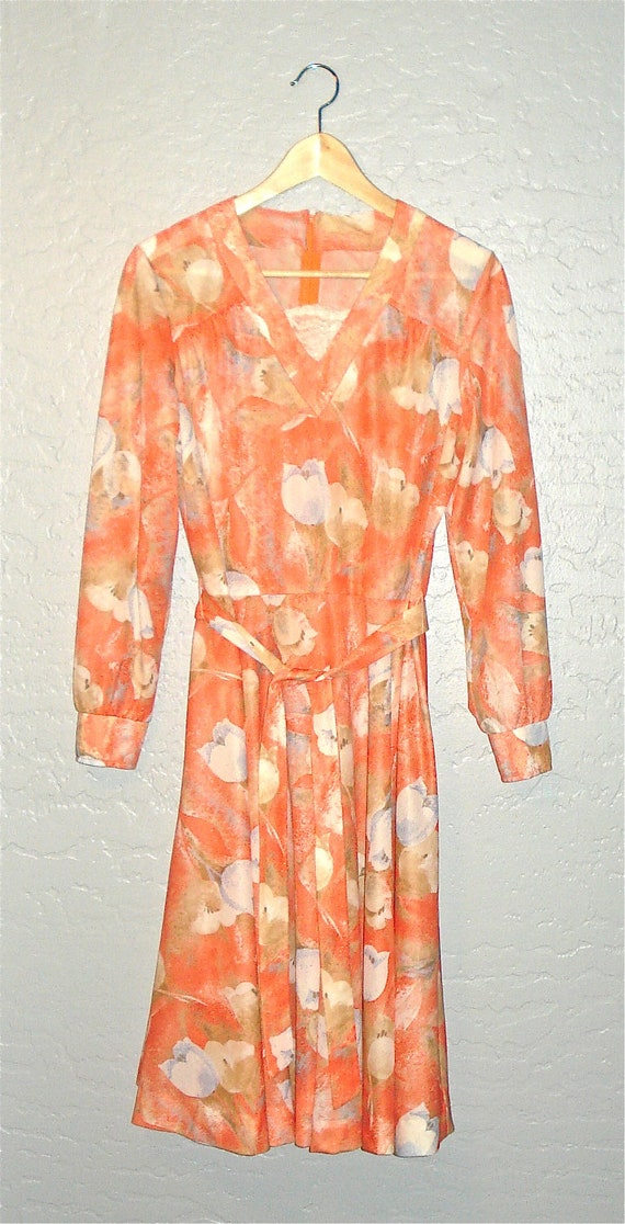 Vintage 70s dress ORANGE SHERBET floral print lon… - image 3