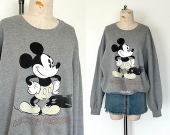 Vintage Mickey Mouse Sweatshirt 90's Y2K Disney Athletic Gray "1928 Florida" Graphic Print Oversized Crewneck Fleece Pullover - L/XL