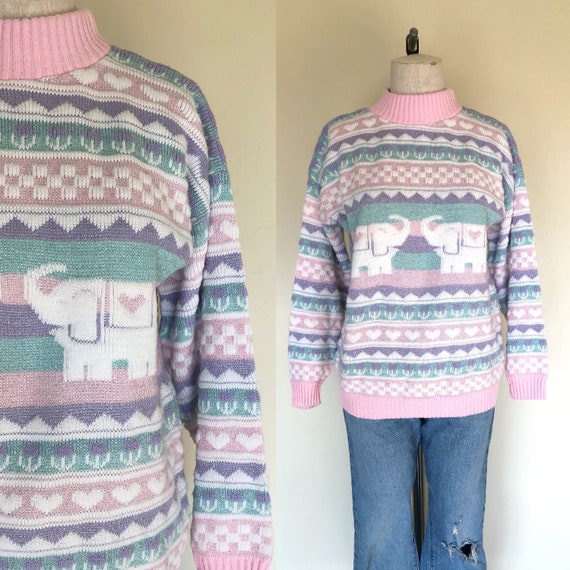 Vintage 1980's sweater PINK ELEPHANTS and hearts s