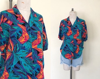 Vintage 80's Hawaiian Shirt Bright Colors Tropical Leaves Print Button Up Blouse - M