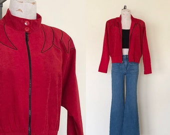80's Red Jacket Vintage Zippered Suede Applique Zippered Mock Neck Top - L
