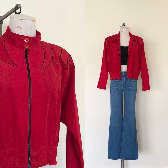 80's Red Jacket Vintage Zippered Suede Applique Zippered Mock Neck