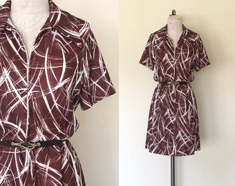 Vintage 1960's dress CHOCOLATE BROWN abstract print short sleeved mod dress - L