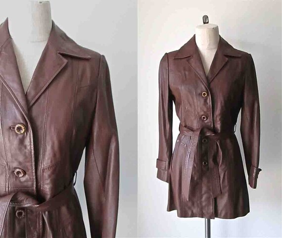 Vintage 1970's leather trench CHOCOLATE BROWN coat