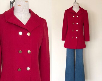 70's Red Peacoat Vintage Fred Rothschild Double Breasted Polyester Coat