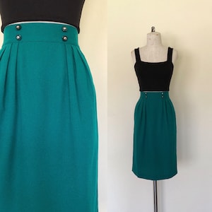 Vintage 1980&#39;s skirt high waisted EMERALD GREEN high waisted pencil skirt - S
