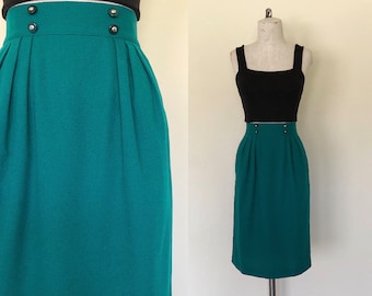 Vintage 1980's skirt high waisted EMERALD GREEN high waisted pencil skirt - S