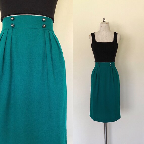 Vintage 1980's skirt high waisted EMERALD GREEN h… - image 1