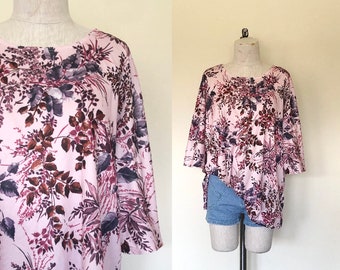 Vintage 1970’s retro boho top pink FLORAL BOUQUET oversized slouch blouse - L/XL