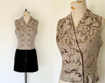 90’s Floral Tapestry Vest Vintage Boho Olive Taupe Double Breasted Buttoned Fancy Sleeveless Top Made in USA - S/M