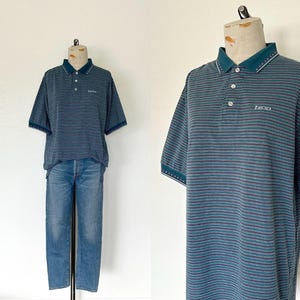 90’s IZOD Polo Vintage Preppy Unisex Teal Striped Izod Club Short Sleeved Knit Button Neck Shirt - L
