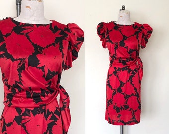80's Floral Dress Vintage Red & Black Puff Sleeve Wrapped Bodice Knee Length Dress - M