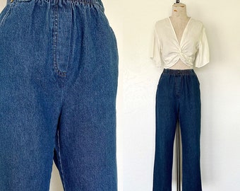 80’s/90's High Waisted Mom Jeans Dark Blue Denim Elastic Waistband Petite Trousers - M