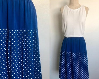 Vintage 80's skirt BLUE POLKA DOT pleated midi - S