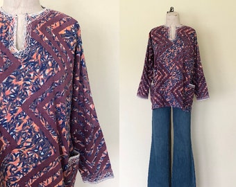 Vintage 1980's tunic purple African ZIGZAG PRINT embroidered trim cotton top - M