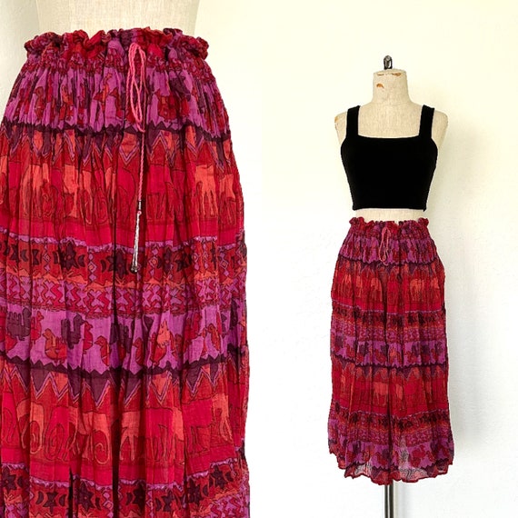 Indian Cotton Print Gypsy Skirt Vintage 90's Red … - image 1