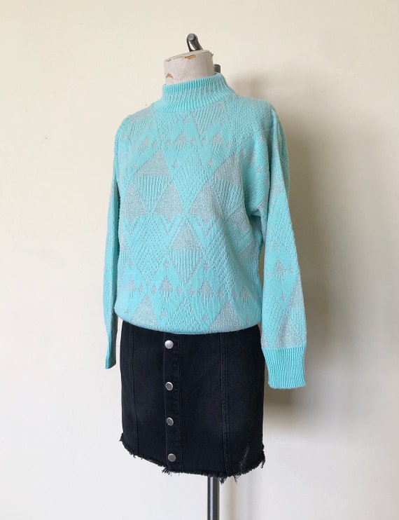 80's Geometric Sweater Vintage Turquoise & Metall… - image 3