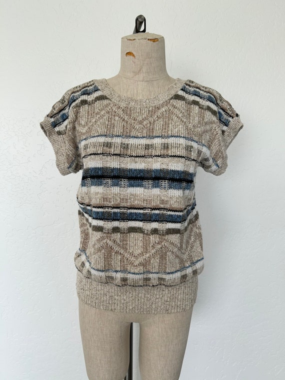 80’s Striped Knit Top Vintage Oatmeal & Navy Shor… - image 3